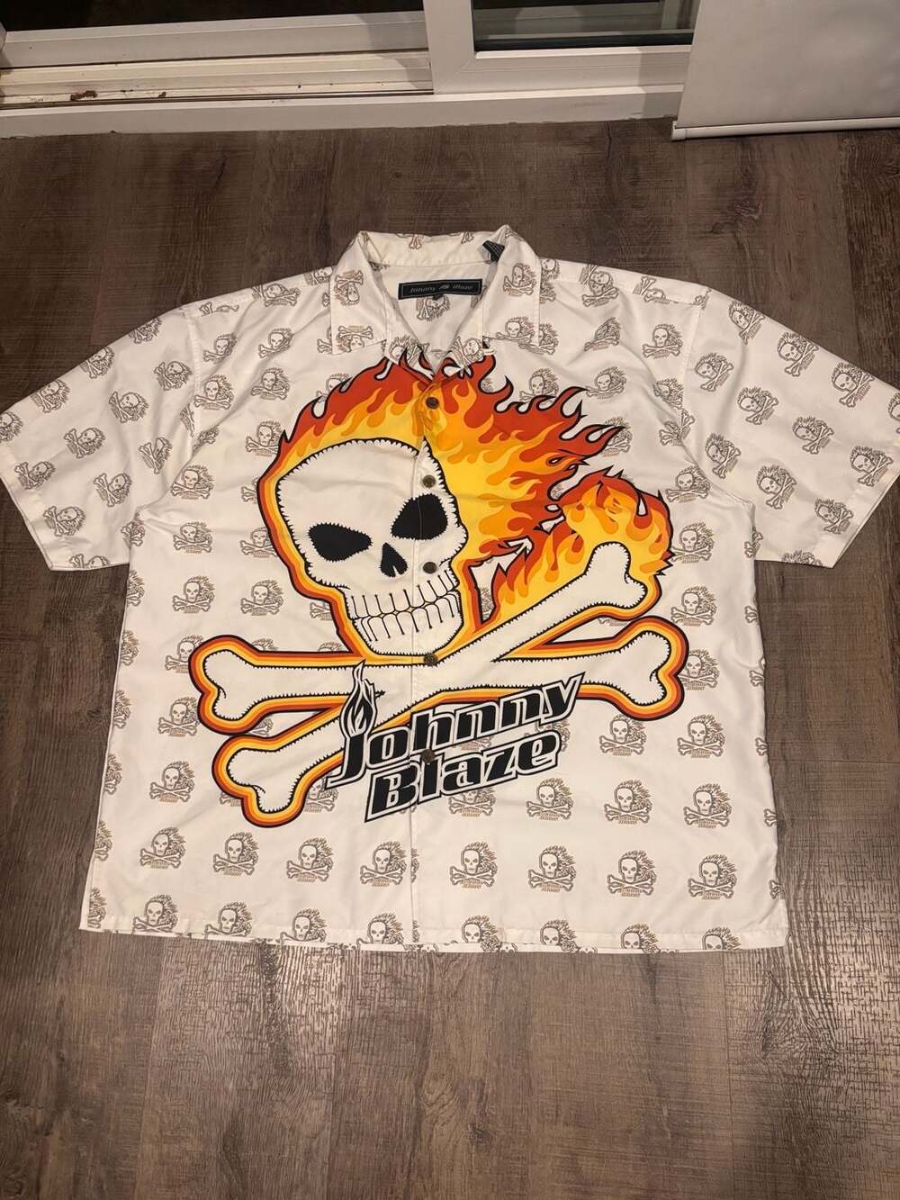 Vintage Johnny Blaze Flame Skull Crossbones All-Over Print Button-Up Shirt XL